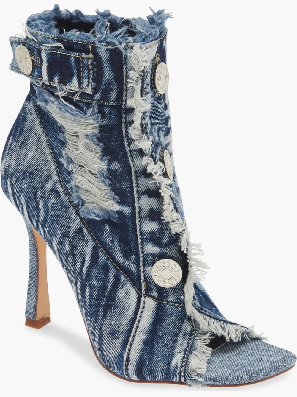 Frayed Denim Peep-Toe Stiletto Ankle Boot - Blue - Picture 1 of 8